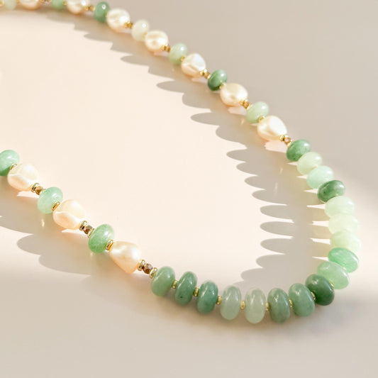 Green Stone and Pearl Beaded Necklace | 18k Gold Filled Beads with Stone Beads and Pearl
