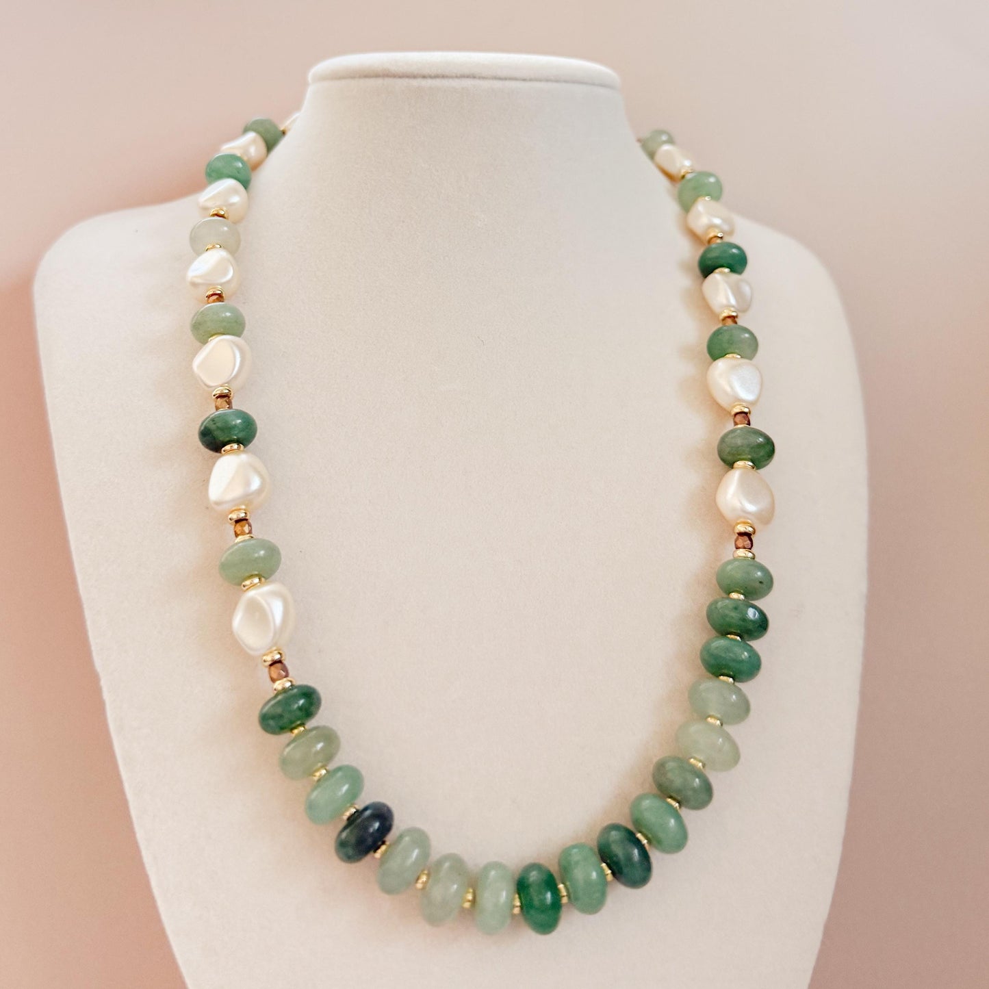 Green Stone and Pearl Beaded Necklace | 18k Gold Filled Beads with Stone Beads and Pearl