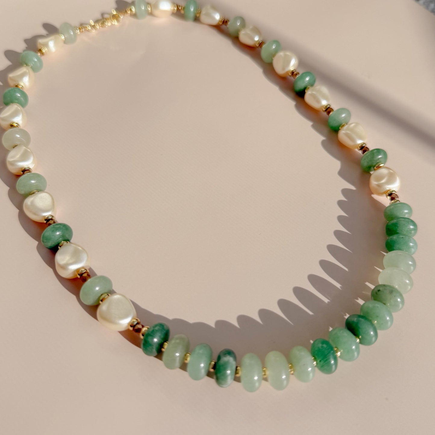 Green Stone and Pearl Beaded Necklace | 18k Gold Filled Beads with Stone Beads and Pearl