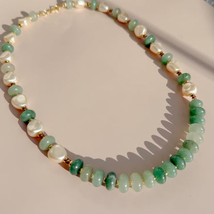 Green Stone and Pearl Beaded Necklace | 18k Gold Filled Beads with Stone Beads and Pearl
