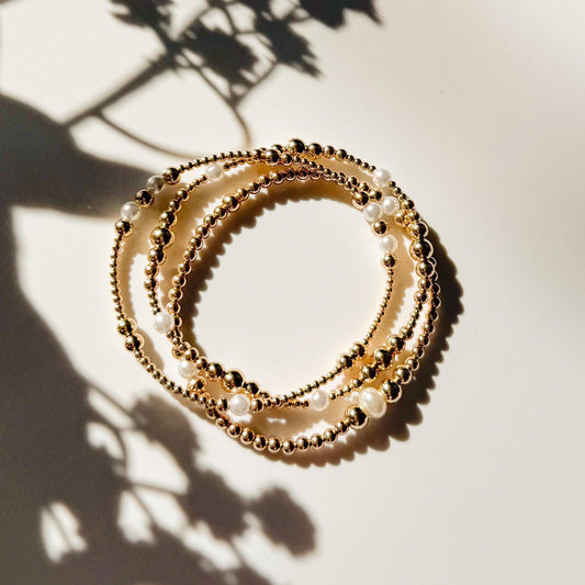 Signature Pearl Stack | 14k Gold Filled Non-Tarnish with Pearl Beads | Stretch Beaded Bracelet Stack