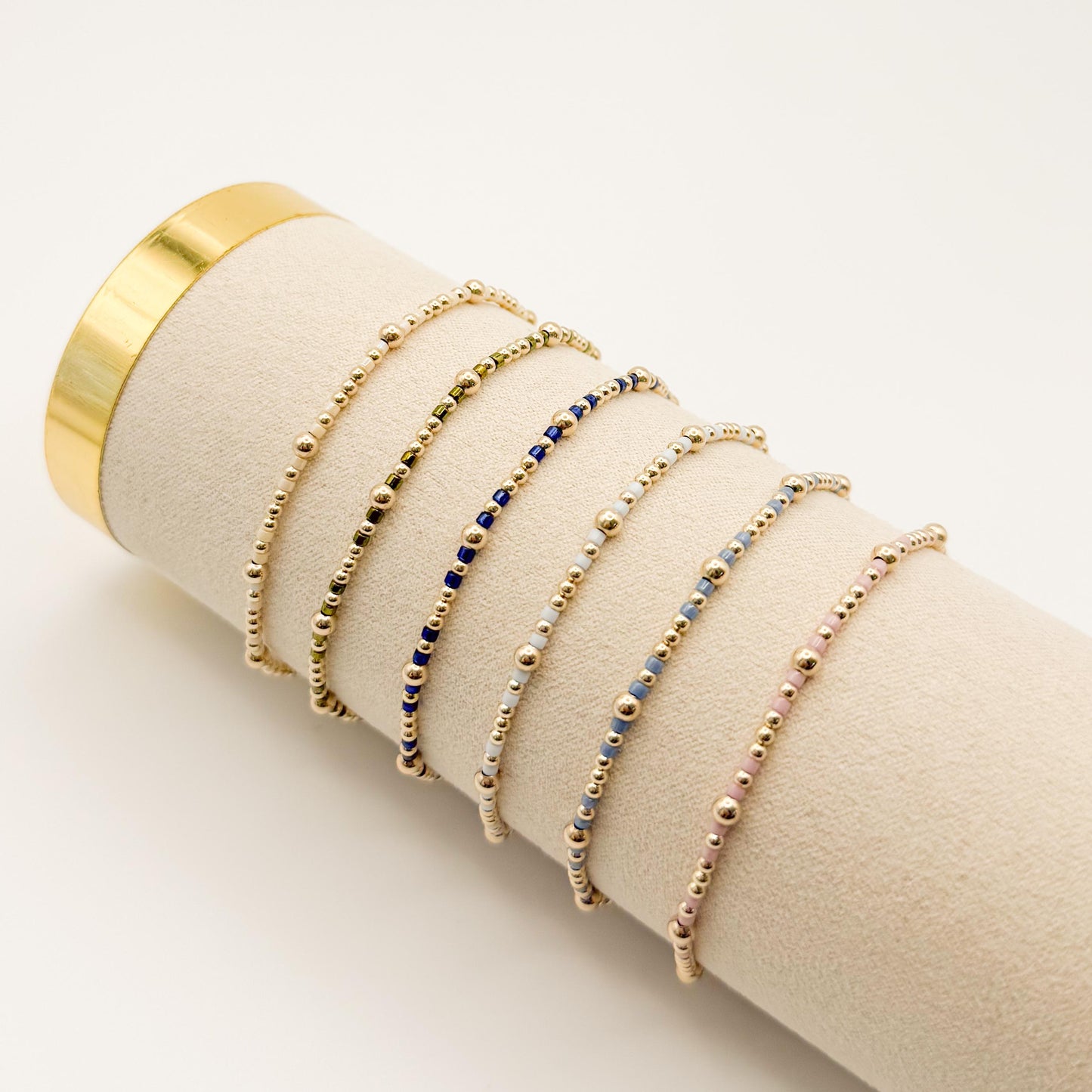 Signature Colored Stacking Bracelets | 14k Gold Filled Non-Tarnish with Colored Seed Beads| Stretch Beaded Bracelet Stack | Tiny bead