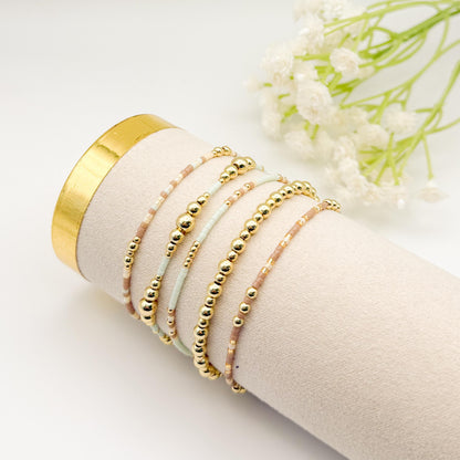 Garden Mix  | 18k Gold Filled with Mint Green, Brown and Beige Bracelet Stack | Beaded Stretch Bracelet | Tiny Bead Bracelet | Seed Bead