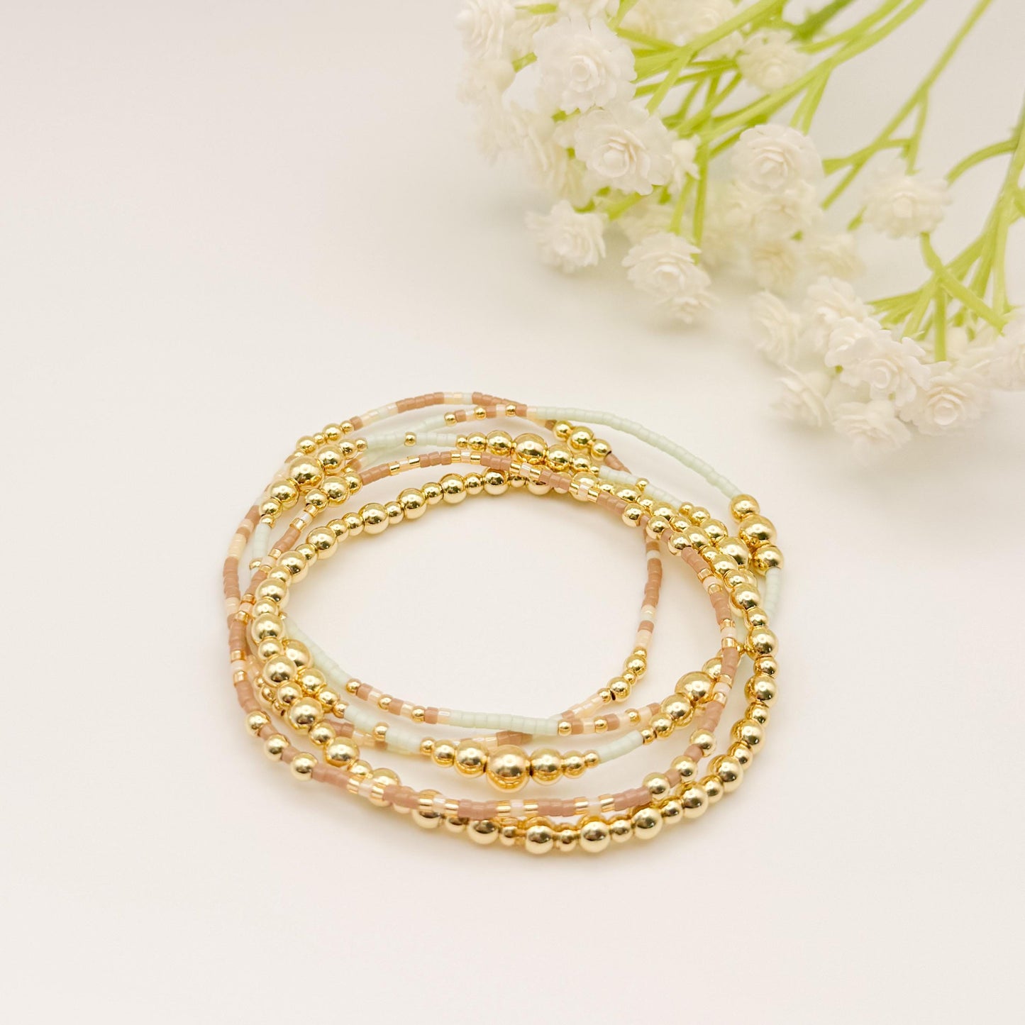 Garden Mix  | 18k Gold Filled with Mint Green, Brown and Beige Bracelet Stack | Beaded Stretch Bracelet | Tiny Bead Bracelet | Seed Bead