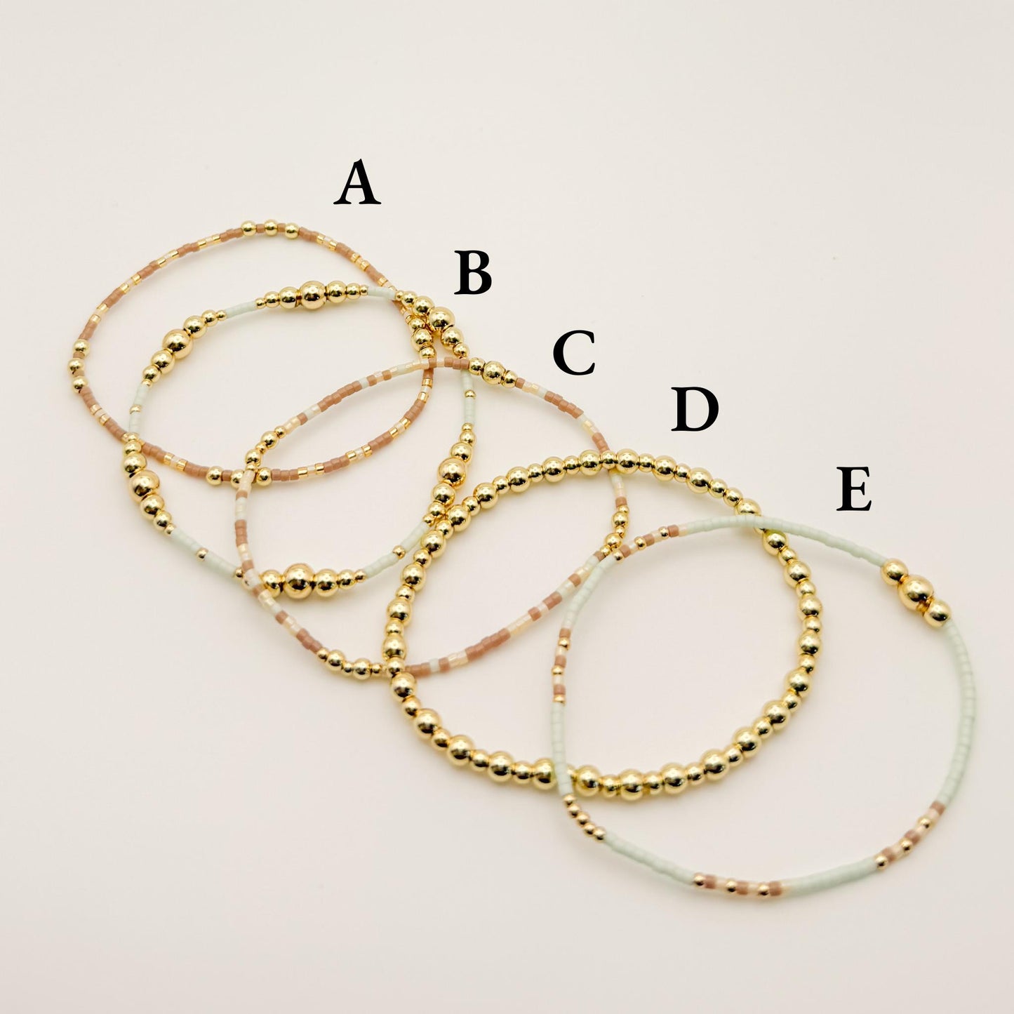 Garden Mix  | 18k Gold Filled with Mint Green, Brown and Beige Bracelet Stack | Beaded Stretch Bracelet | Tiny Bead Bracelet | Seed Bead