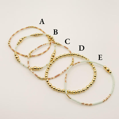 Garden Mix  | 18k Gold Filled with Mint Green, Brown and Beige Bracelet Stack | Beaded Stretch Bracelet | Tiny Bead Bracelet | Seed Bead