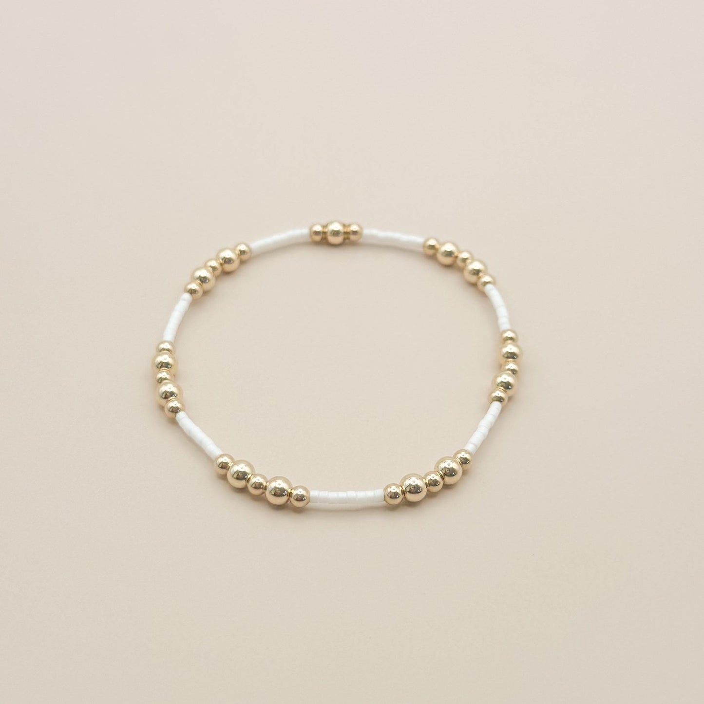 Signature White and Gold Stack | 14k Gold Filled Non-Tarnish with White and Gold Seed  Beads | Stretch Beaded Bracelet Stack | Tiny Bead