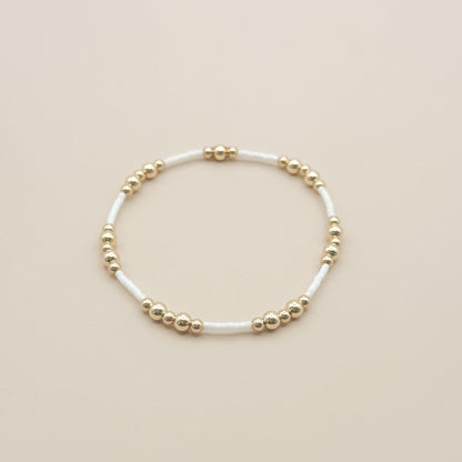 Signature White and Gold Stack | 14k Gold Filled Non-Tarnish with White and Gold Seed  Beads | Stretch Beaded Bracelet Stack | Tiny Bead