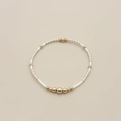 Signature White and Gold Stack | 14k Gold Filled Non-Tarnish with White and Gold Seed  Beads | Stretch Beaded Bracelet Stack | Tiny Bead