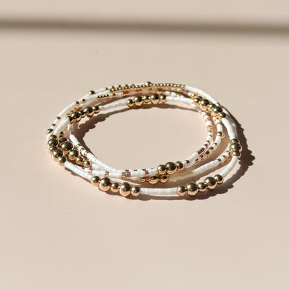 Signature White and Gold Stack | 14k Gold Filled Non-Tarnish with White and Gold Seed  Beads | Stretch Beaded Bracelet Stack | Tiny Bead