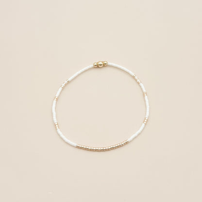 Signature White and Gold Stack | 14k Gold Filled Non-Tarnish with White and Gold Seed  Beads | Stretch Beaded Bracelet Stack | Tiny Bead