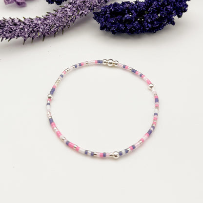 Sugar Plum | 925 Sterling Silver with Pink and Lavender Purple Seed Beads Bracelet Stack | Tiny Bead Bracelet  | Beaded Stretch Bracelet