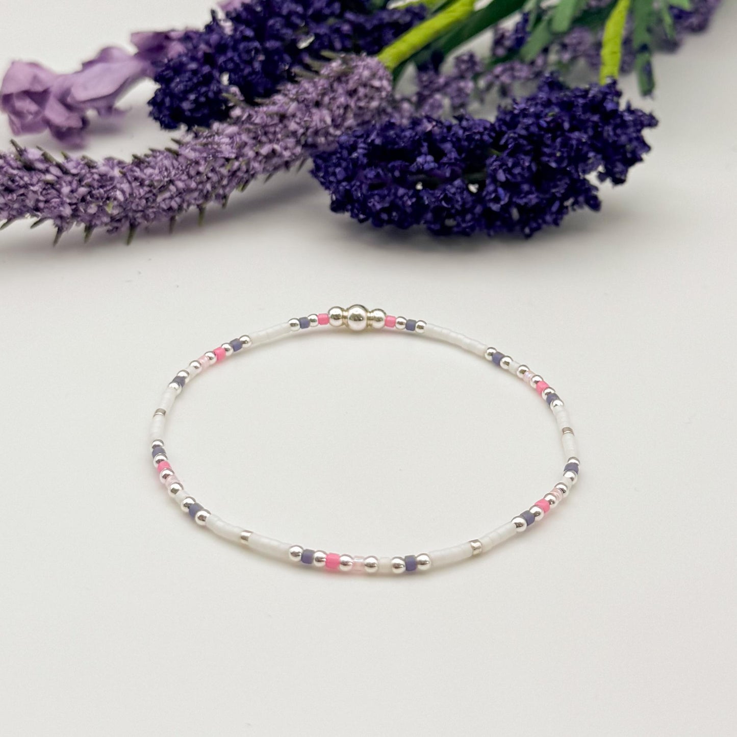 Sugar Plum | 925 Sterling Silver with Pink and Lavender Purple Seed Beads Bracelet Stack | Tiny Bead Bracelet  | Beaded Stretch Bracelet