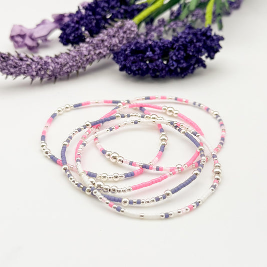 Sugar Plum | 925 Sterling Silver with Pink and Lavender Purple Seed Beads Bracelet Stack | Tiny Bead Bracelet  | Beaded Stretch Bracelet