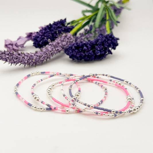 Sugar Plum | 925 Sterling Silver with Pink and Lavender Purple Seed Beads Bracelet Stack | Tiny Bead Bracelet  | Beaded Stretch Bracelet