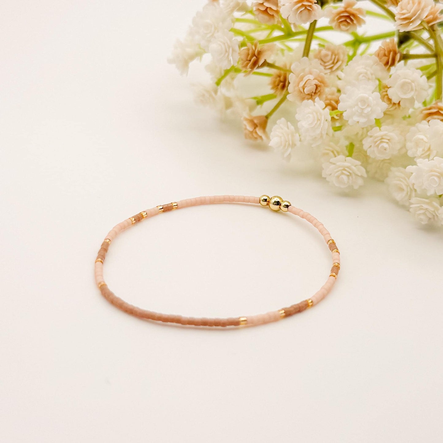 Spring Mix | 18k Gold Filled with Light Pink and Beige Bracelet Stack | Beaded Stretch Bracelet | Tiny Bead Bracelet | Seed Bead