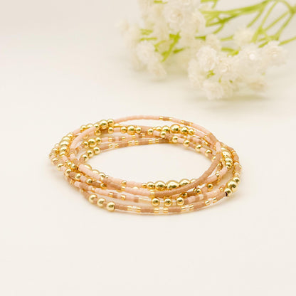 Spring Mix | 18k Gold Filled with Light Pink and Beige Bracelet Stack | Beaded Stretch Bracelet | Tiny Bead Bracelet | Seed Bead