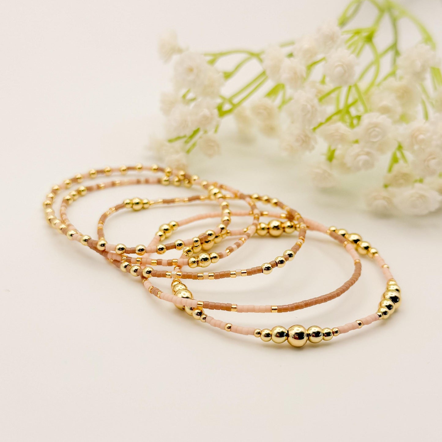 Spring Mix | 18k Gold Filled with Light Pink and Beige Bracelet Stack | Beaded Stretch Bracelet | Tiny Bead Bracelet | Seed Bead