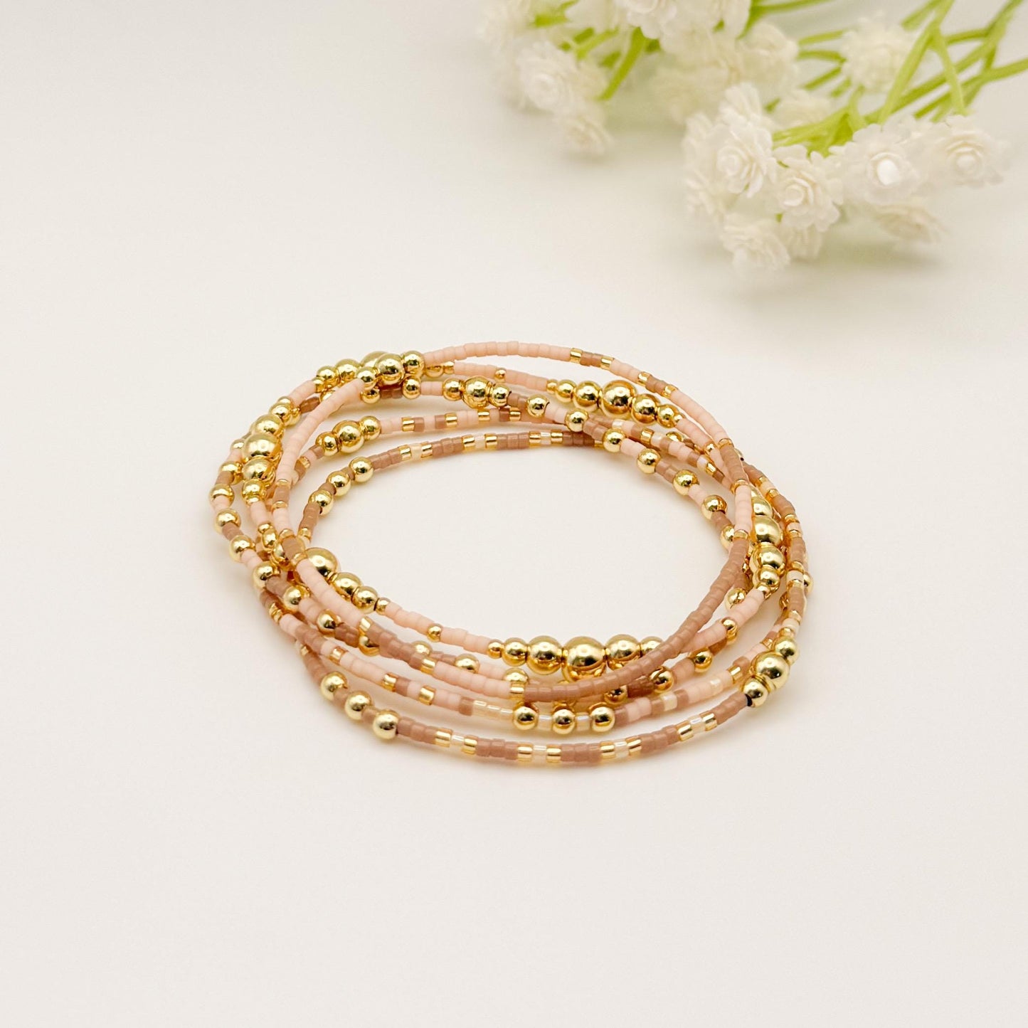 Spring Mix | 18k Gold Filled with Light Pink and Beige Bracelet Stack | Beaded Stretch Bracelet | Tiny Bead Bracelet | Seed Bead