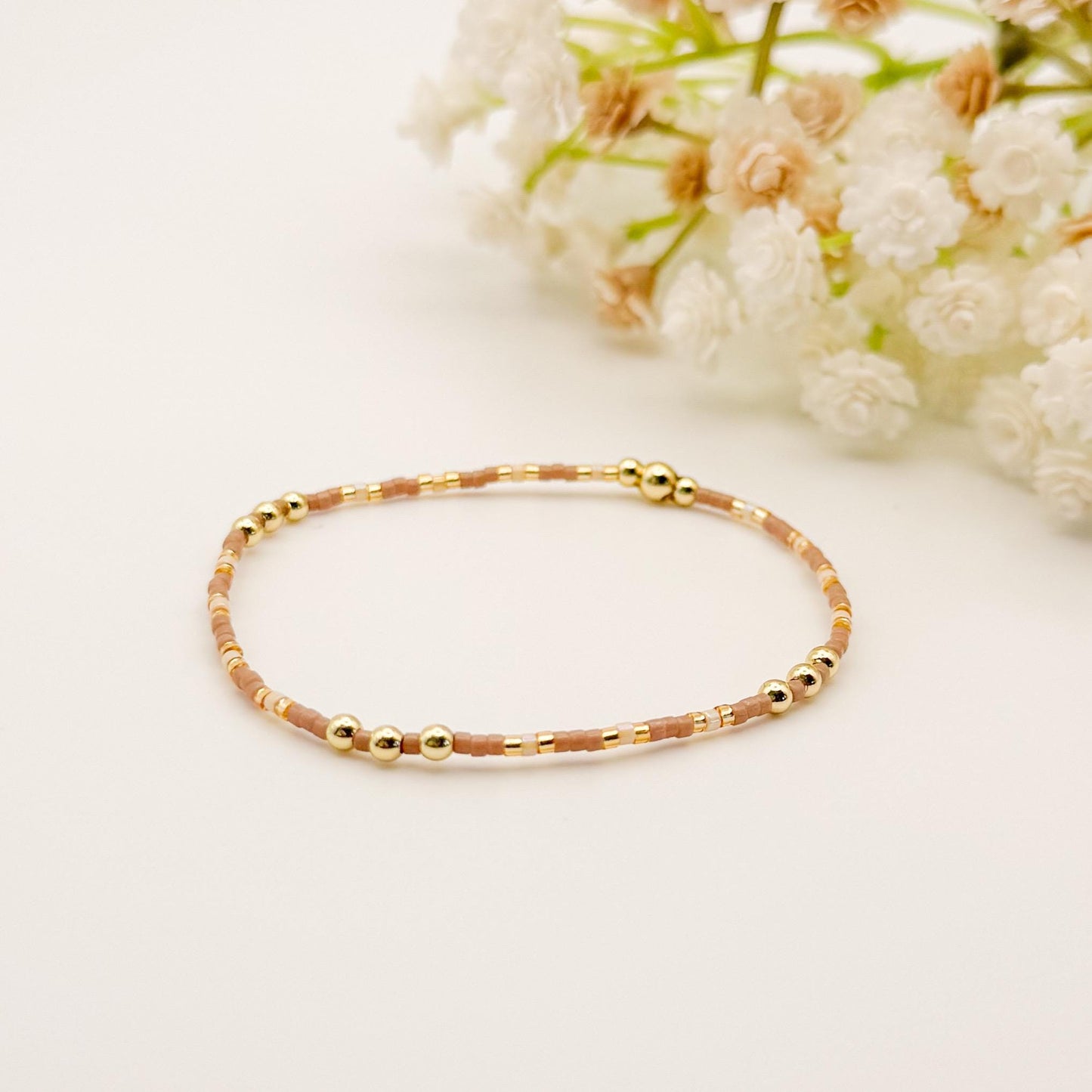 Spring Mix | 18k Gold Filled with Light Pink and Beige Bracelet Stack | Beaded Stretch Bracelet | Tiny Bead Bracelet | Seed Bead
