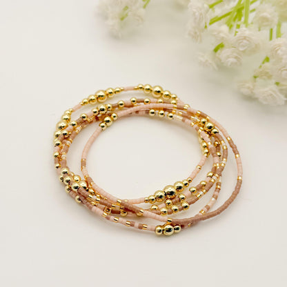 Spring Mix | 18k Gold Filled with Light Pink and Beige Bracelet Stack | Beaded Stretch Bracelet | Tiny Bead Bracelet | Seed Bead