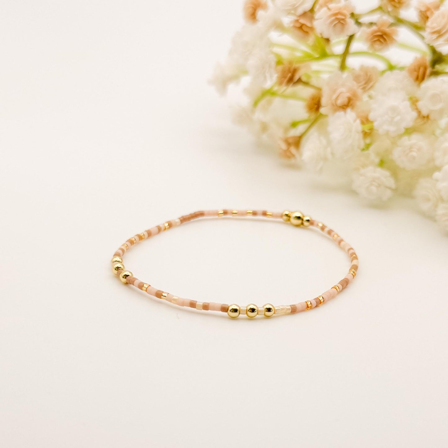 Spring Mix | 18k Gold Filled with Light Pink and Beige Bracelet Stack | Beaded Stretch Bracelet | Tiny Bead Bracelet | Seed Bead
