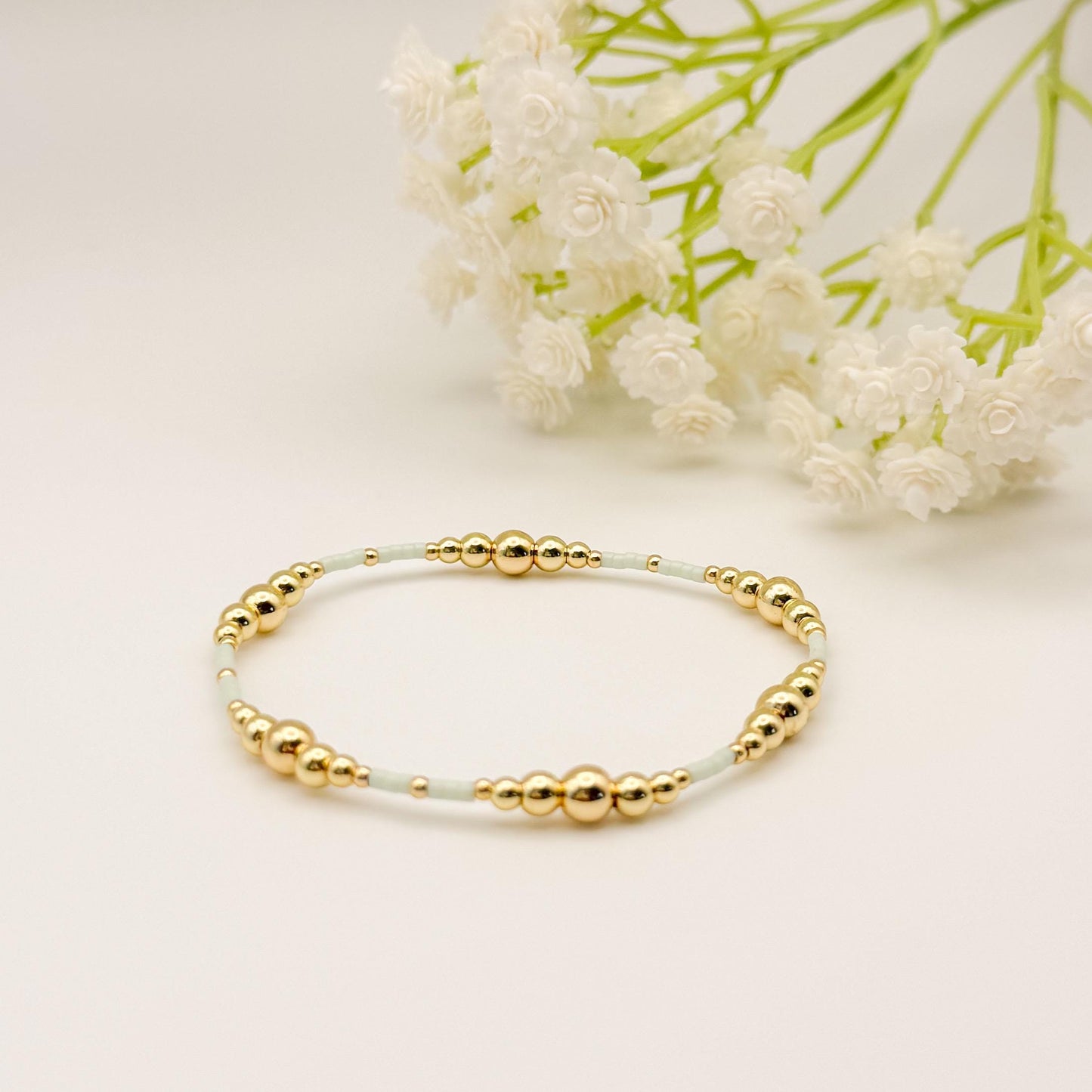 Garden Mix  | 18k Gold Filled with Mint Green, Brown and Beige Bracelet Stack | Beaded Stretch Bracelet | Tiny Bead Bracelet | Seed Bead