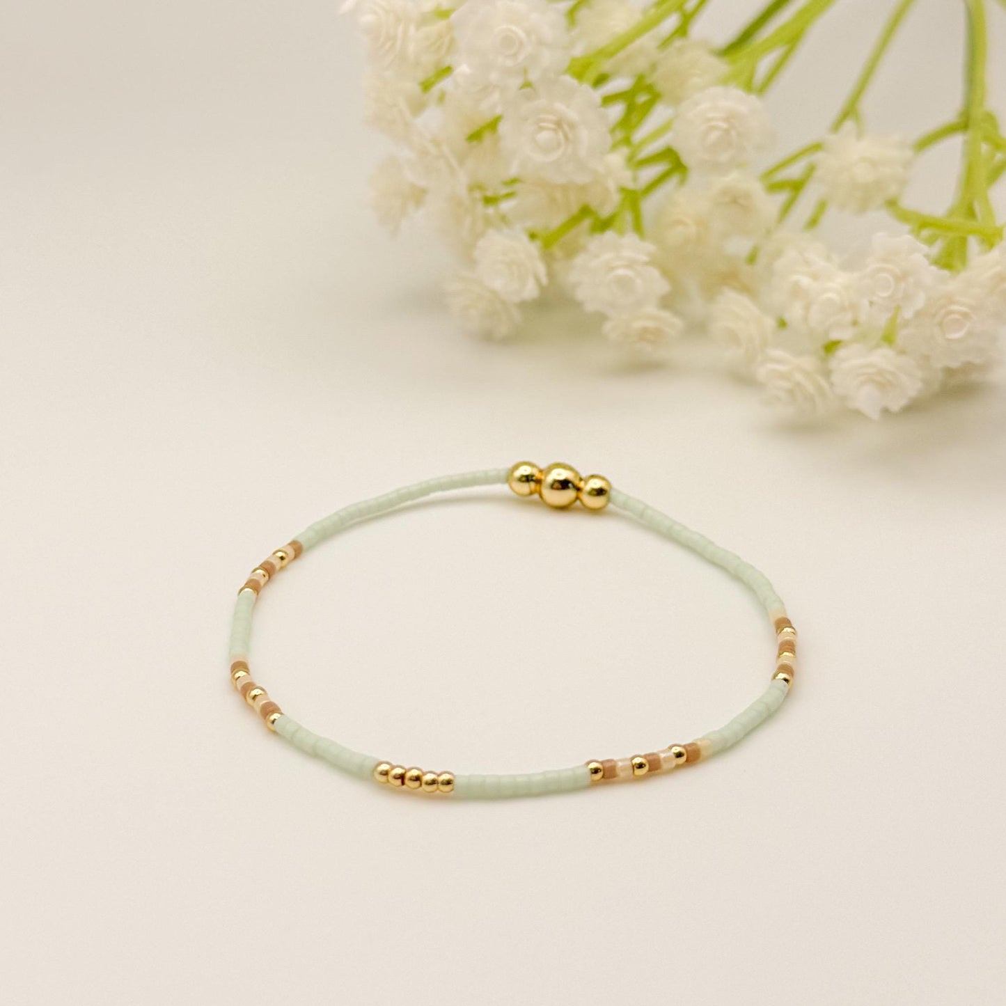Garden Mix  | 18k Gold Filled with Mint Green, Brown and Beige Bracelet Stack | Beaded Stretch Bracelet | Tiny Bead Bracelet | Seed Bead