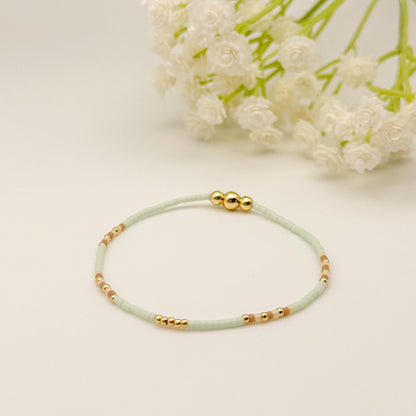 Garden Mix  | 18k Gold Filled with Mint Green, Brown and Beige Bracelet Stack | Beaded Stretch Bracelet | Tiny Bead Bracelet | Seed Bead