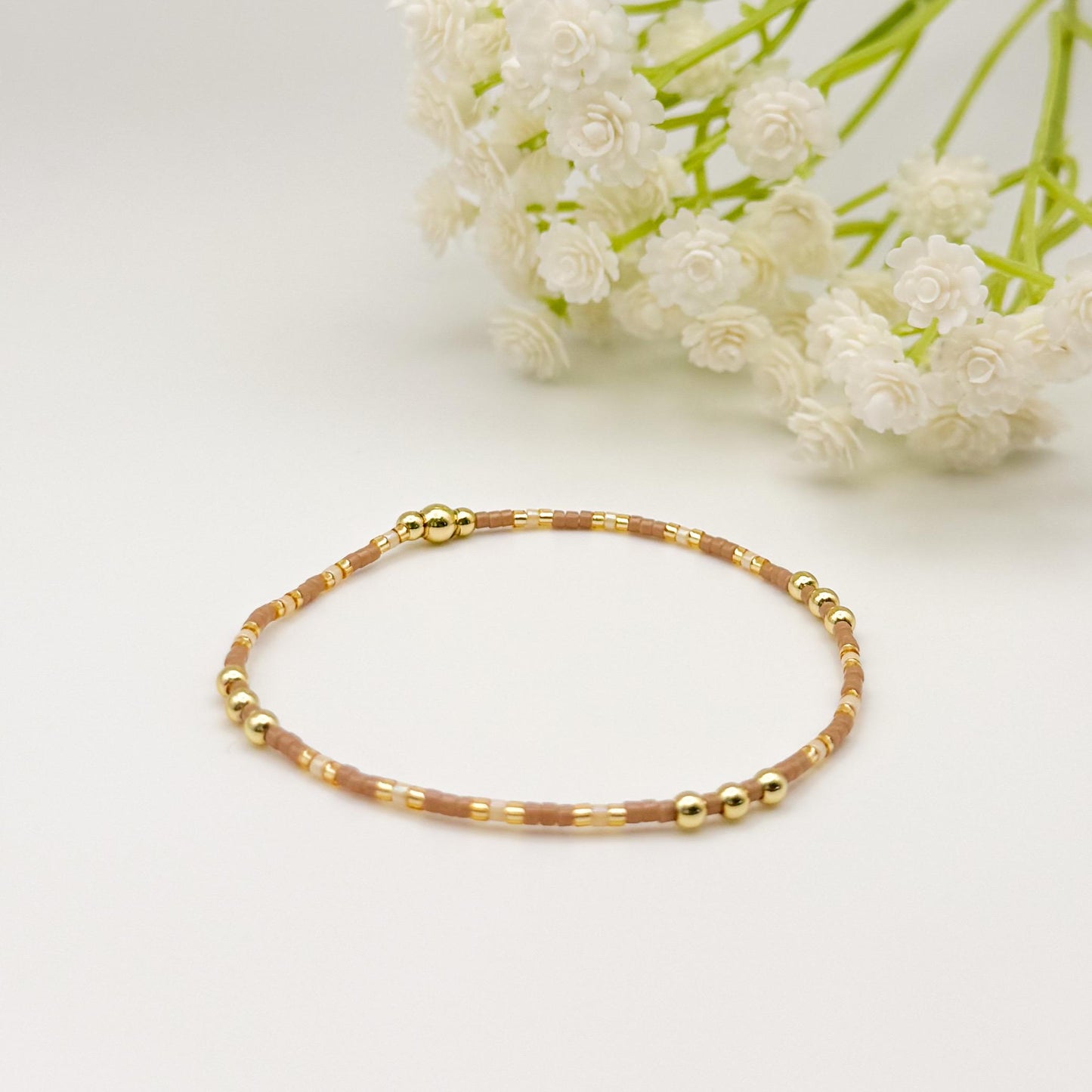 Garden Mix  | 18k Gold Filled with Mint Green, Brown and Beige Bracelet Stack | Beaded Stretch Bracelet | Tiny Bead Bracelet | Seed Bead