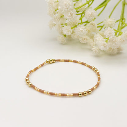 Garden Mix  | 18k Gold Filled with Mint Green, Brown and Beige Bracelet Stack | Beaded Stretch Bracelet | Tiny Bead Bracelet | Seed Bead
