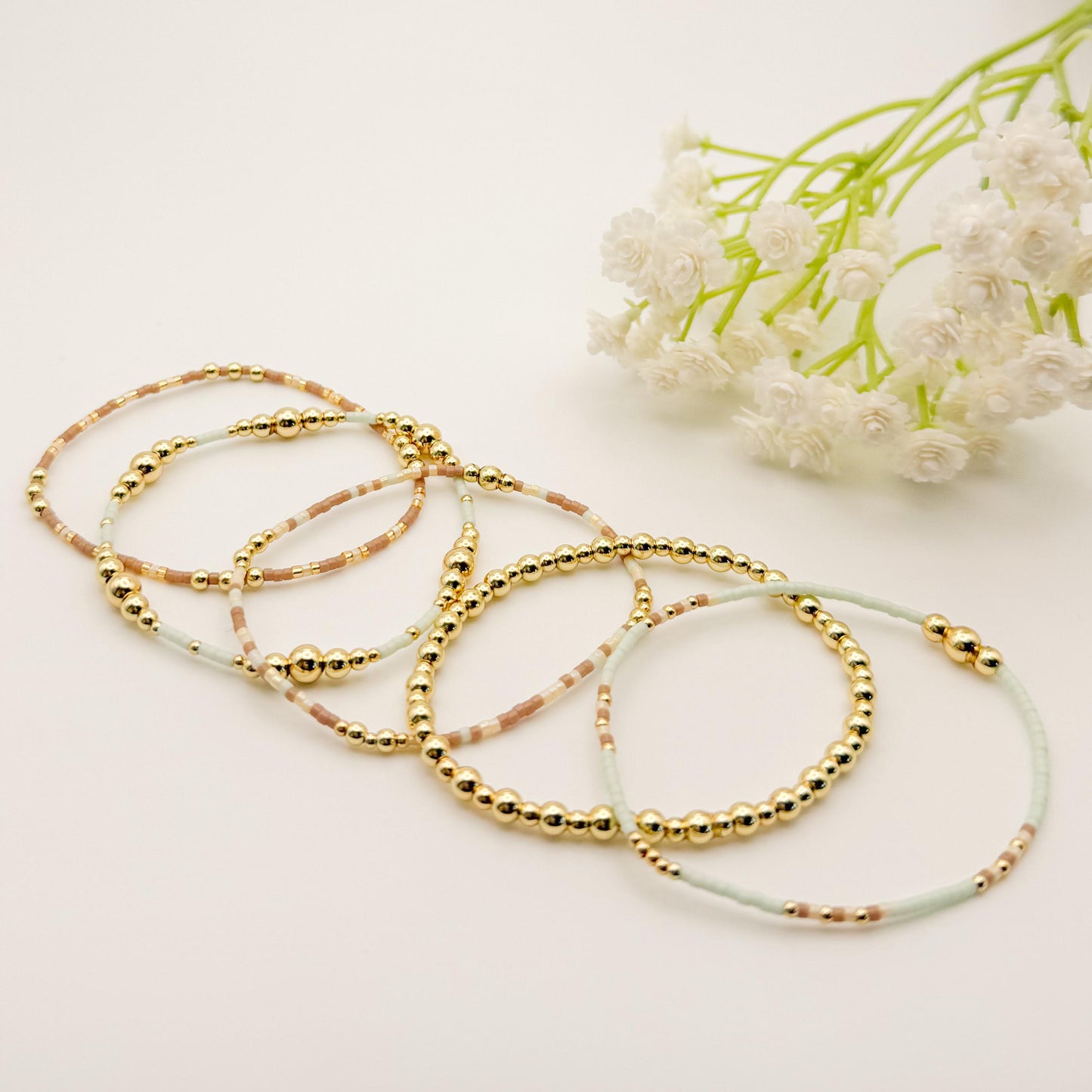Garden Mix  | 18k Gold Filled with Mint Green, Brown and Beige Bracelet Stack | Beaded Stretch Bracelet | Tiny Bead Bracelet | Seed Bead