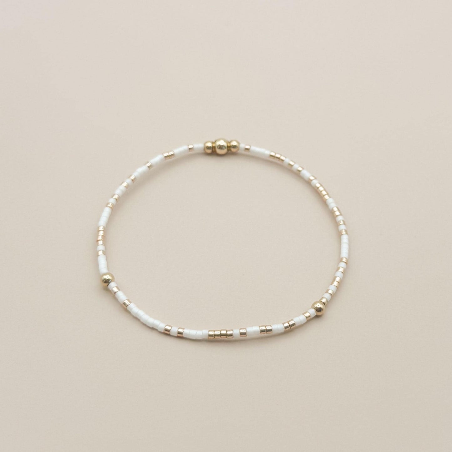 Signature White and Gold Stack | 14k Gold Filled Non-Tarnish with White and Gold Seed  Beads | Stretch Beaded Bracelet Stack | Tiny Bead