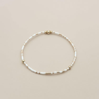 Signature White and Gold Stack | 14k Gold Filled Non-Tarnish with White and Gold Seed  Beads | Stretch Beaded Bracelet Stack | Tiny Bead