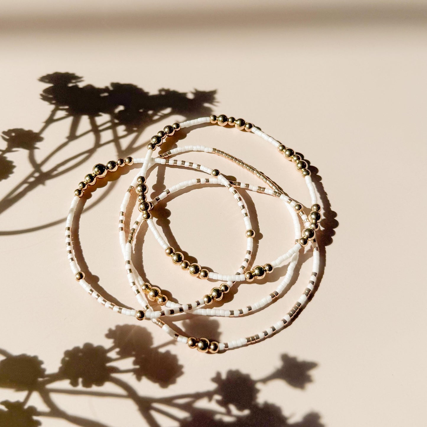 Signature White and Gold Stack | 14k Gold Filled Non-Tarnish with White and Gold Seed  Beads | Stretch Beaded Bracelet Stack | Tiny Bead