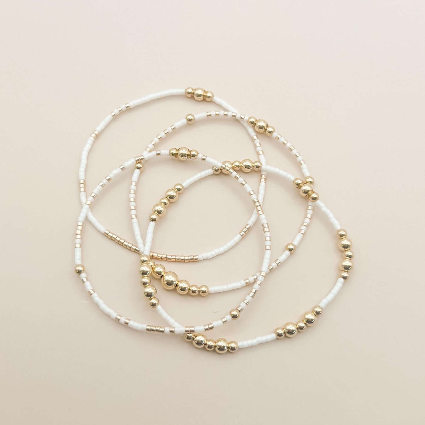 Signature White and Gold Stack | 14k Gold Filled Non-Tarnish with White and Gold Seed  Beads | Stretch Beaded Bracelet Stack | Tiny Bead
