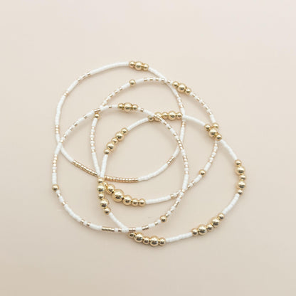 Signature White and Gold Stack | 14k Gold Filled Non-Tarnish with White and Gold Seed  Beads | Stretch Beaded Bracelet Stack | Tiny Bead