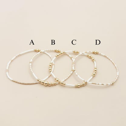 Signature White and Gold Stack | 14k Gold Filled Non-Tarnish with White and Gold Seed  Beads | Stretch Beaded Bracelet Stack | Tiny Bead