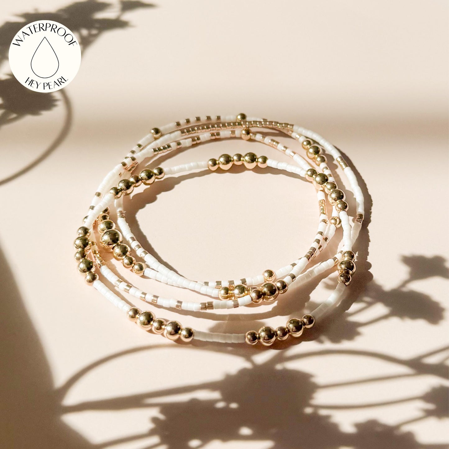Signature White and Gold Stack | 14k Gold Filled Non-Tarnish with White and Gold Seed  Beads | Stretch Beaded Bracelet Stack | Tiny Bead