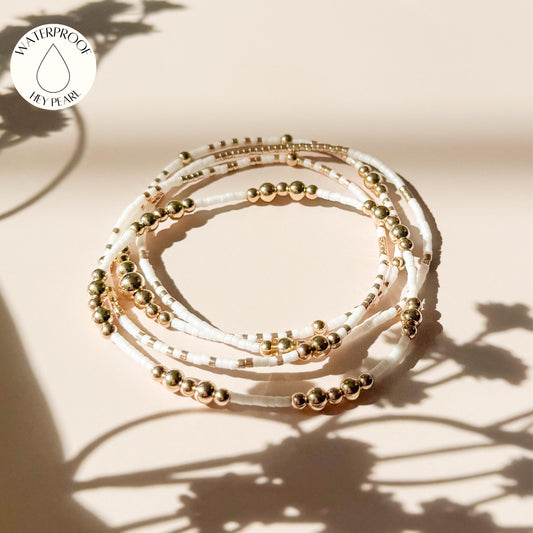 Signature White and Gold Stack | 14k Gold Filled Non-Tarnish with White and Gold Seed  Beads | Stretch Beaded Bracelet Stack | Tiny Bead