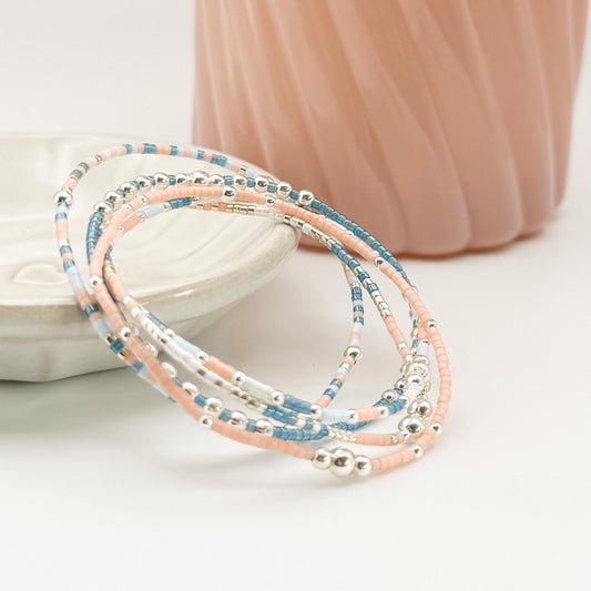 Sky | 925 Sterling Silver with Dusk Blue and Salmon Seed Beads Bracelet Stack | Tiny Bead Bracelet  | Beaded Stretch Bracelet Set |