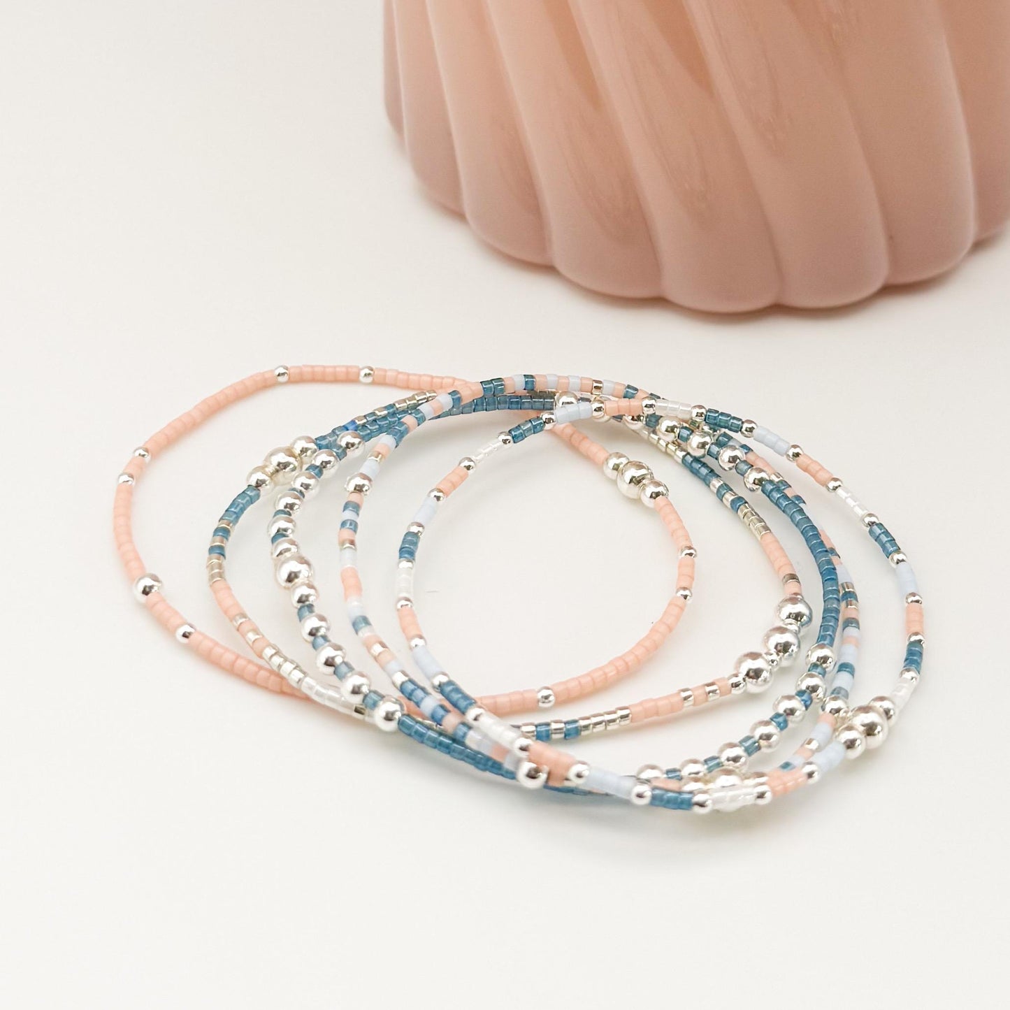 Sky | 925 Sterling Silver with Dusk Blue and Salmon Seed Beads Bracelet Stack | Tiny Bead Bracelet  | Beaded Stretch Bracelet Set |