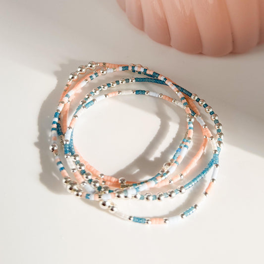 Sky | 925 Sterling Silver with Dusk Blue and Salmon Seed Beads Bracelet Stack | Tiny Bead Bracelet  | Beaded Stretch Bracelet Set |