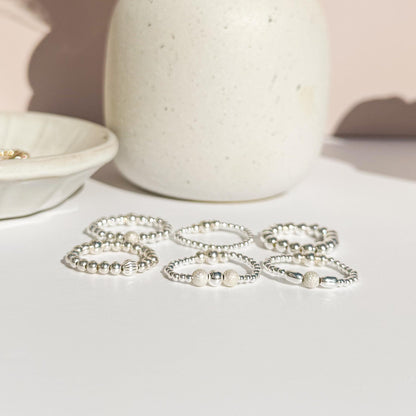 Signature Silver Beaded Rings | 925 Sterling Silver Non-Tarnish| Stretch Beaded Rings | Stacking