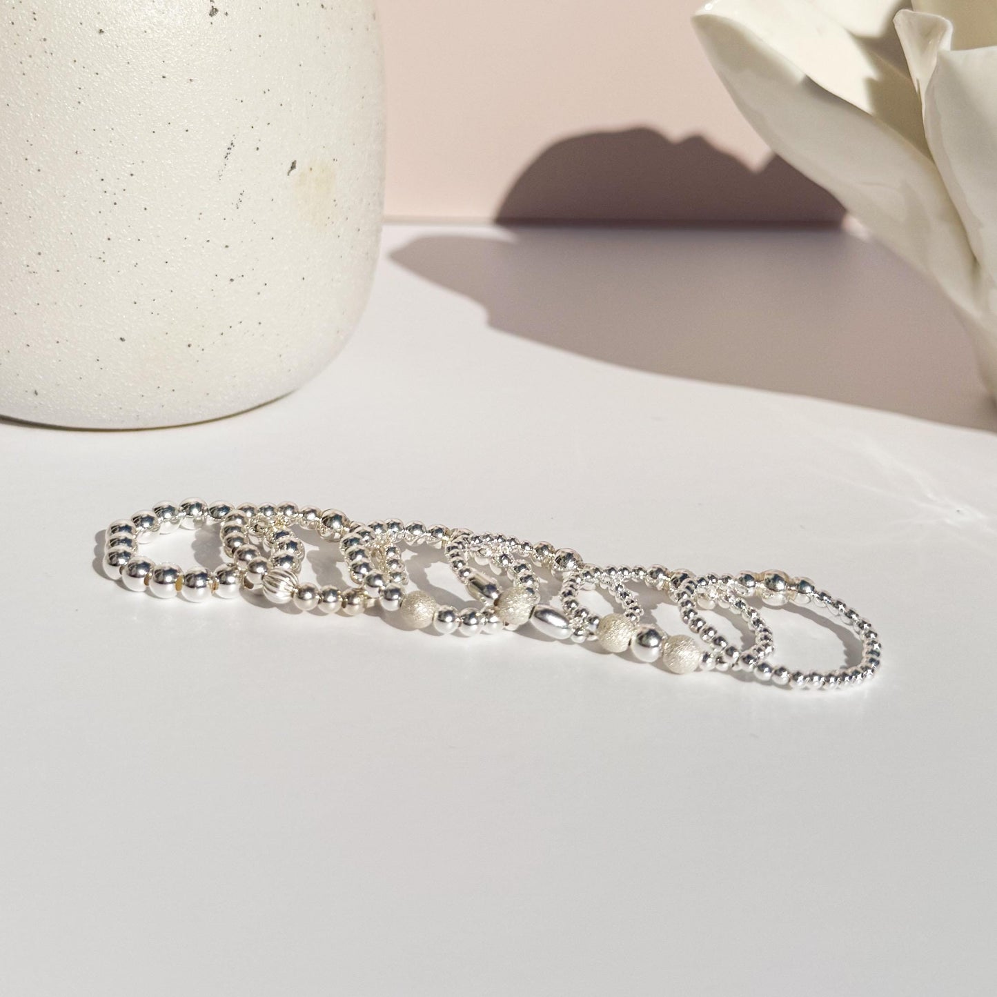 Signature Silver Beaded Rings | 925 Sterling Silver Non-Tarnish| Stretch Beaded Rings | Stacking