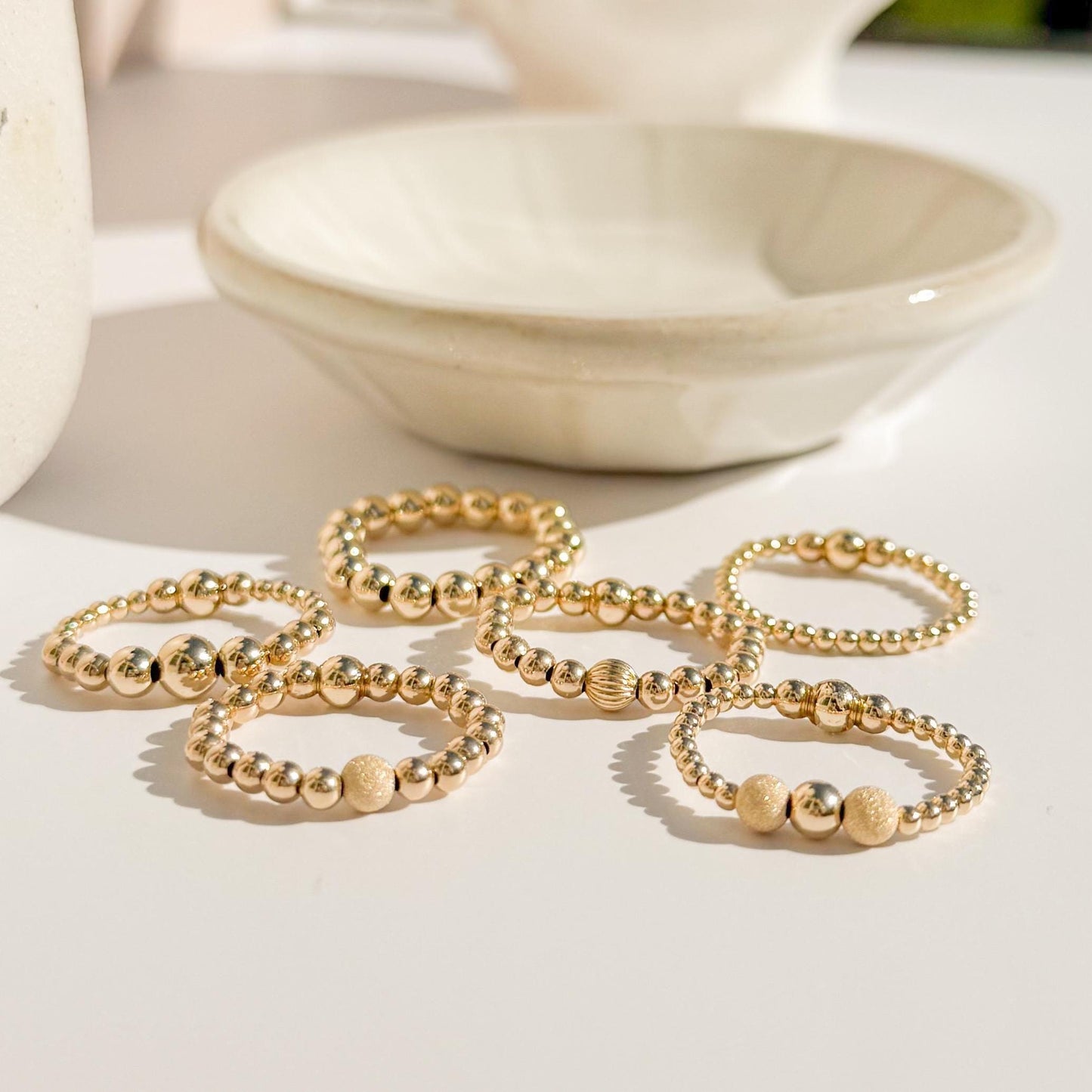 Signature Gold Beaded Rings | 14k Gold Filled Non-Tarnish Beaded Stacking Rings | Stretch