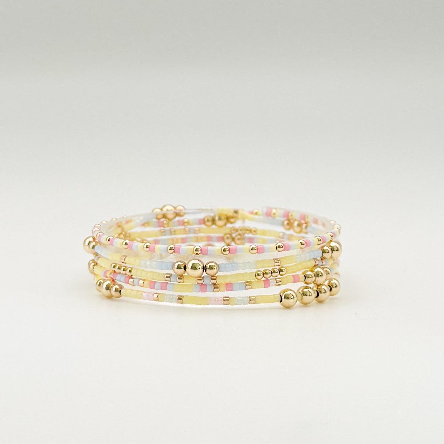 Signature Pastel Stack | 14k Gold Filled Non-Tarnish with Baby Blue, Butter Yellow and Pink  Seed Beads | Stretch Bracelet Stack | Tiny Beads