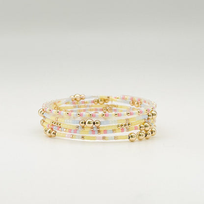 Signature Pastel Stack | 14k Gold Filled Non-Tarnish with Baby Blue, Butter Yellow and Pink  Seed Beads | Stretch Bracelet Stack | Tiny Beads