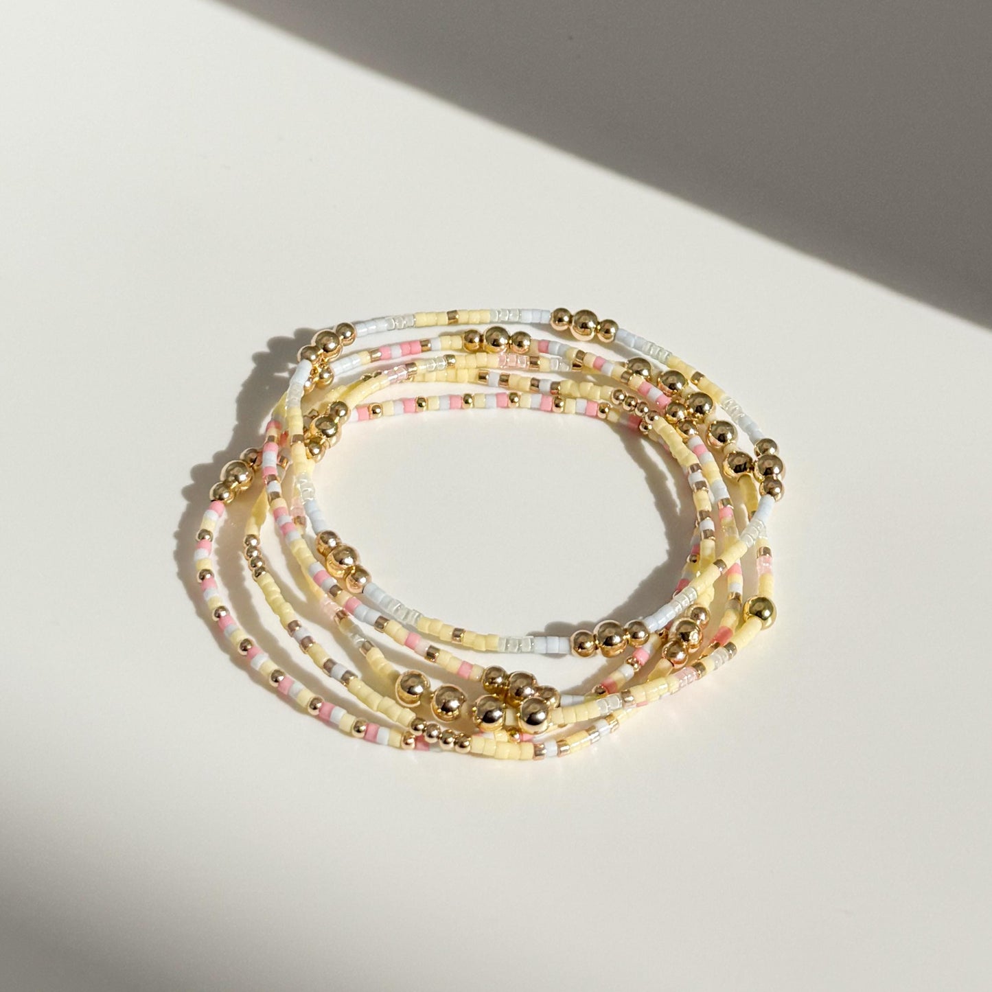 Signature Pastel Stack | 14k Gold Filled Non-Tarnish with Baby Blue, Butter Yellow and Pink  Seed Beads | Stretch Bracelet Stack | Tiny Beads
