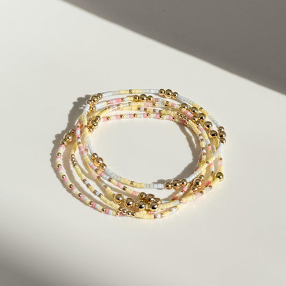 Signature Pastel Stack | 14k Gold Filled Non-Tarnish with Baby Blue, Butter Yellow and Pink  Seed Beads | Stretch Bracelet Stack | Tiny Beads